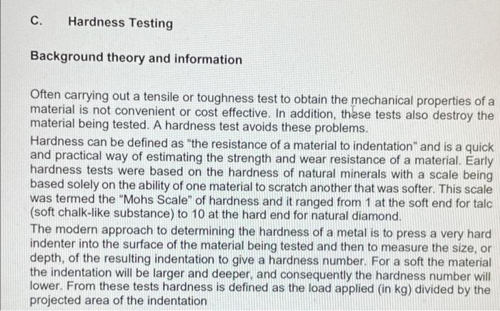 C Hardness Testing Background Theory And Information Often Carrying Out A Tensile Or Toughness Test To Obtain The Mecha 1
