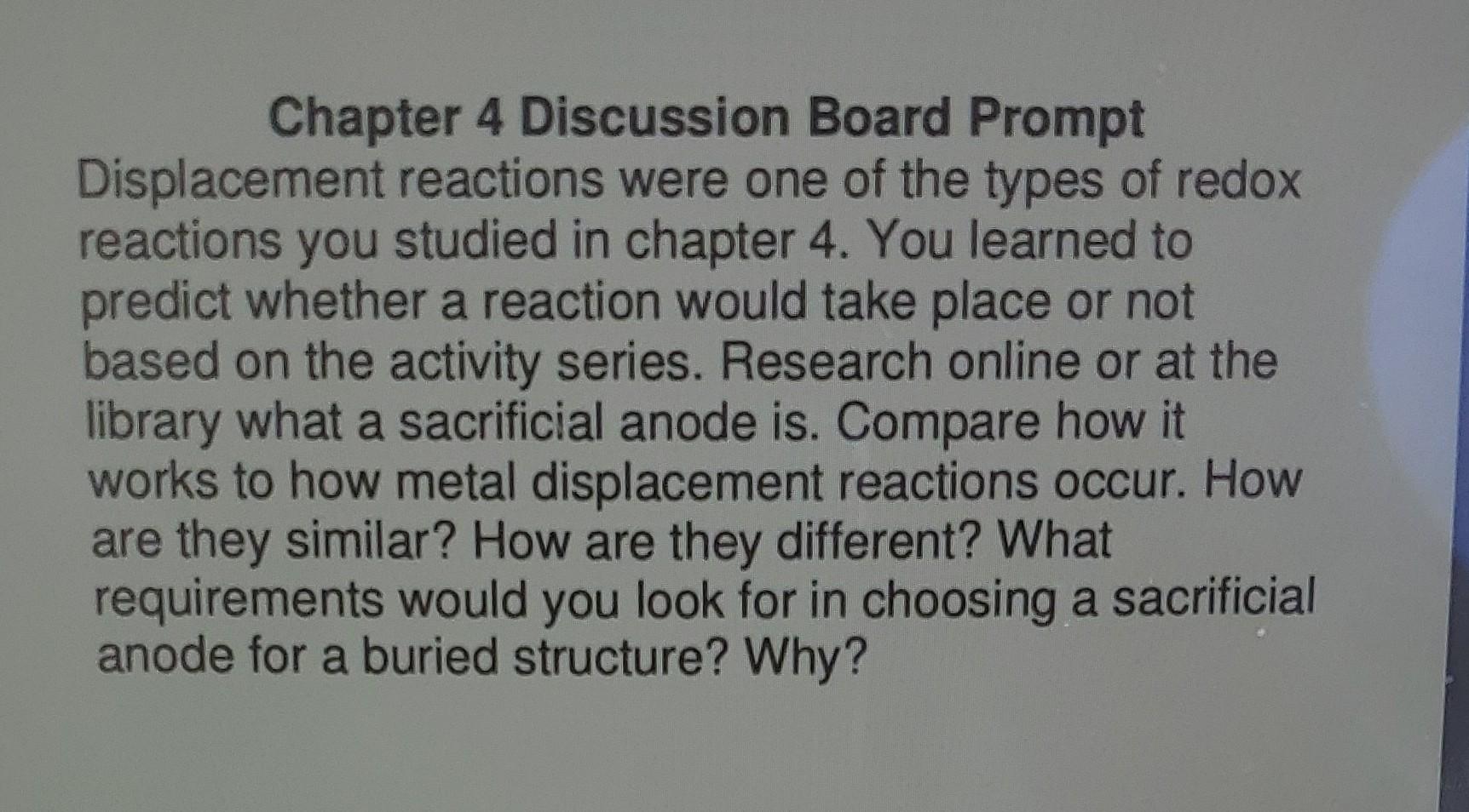 Chapter 4 Discussion Board Prompt Displacement Reactions Were One Of The Types Of Redox Reactions You Studied In Chapter 1