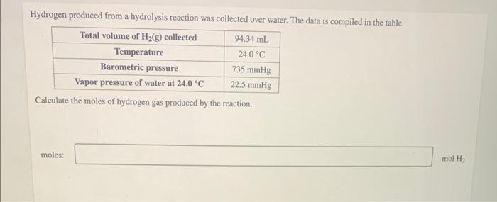 Hydrogen Produced From A Hydrolysis Reaction Was Collected Over Water The Data Is Compiled In The Table Total Volume O 1