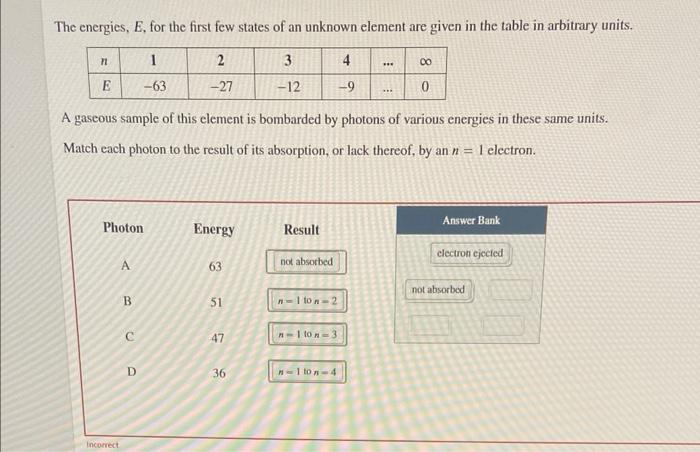 The Energies E For The First Few States Of An Unknown Element Are Given In The Table In Arbitrary Units 1 2 63 27 7 1