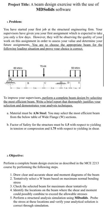 Project Title A Beam Design Exercise With The Use Of Mdsolids Software 1 Problem You Have Started Your First Job At T 1