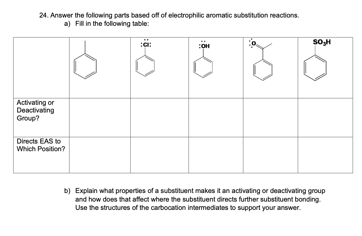 24 Answer The Following Parts Based Off Of Electrophilic Aromatic Substitution Reactions A Fill In The Following Tabl 1