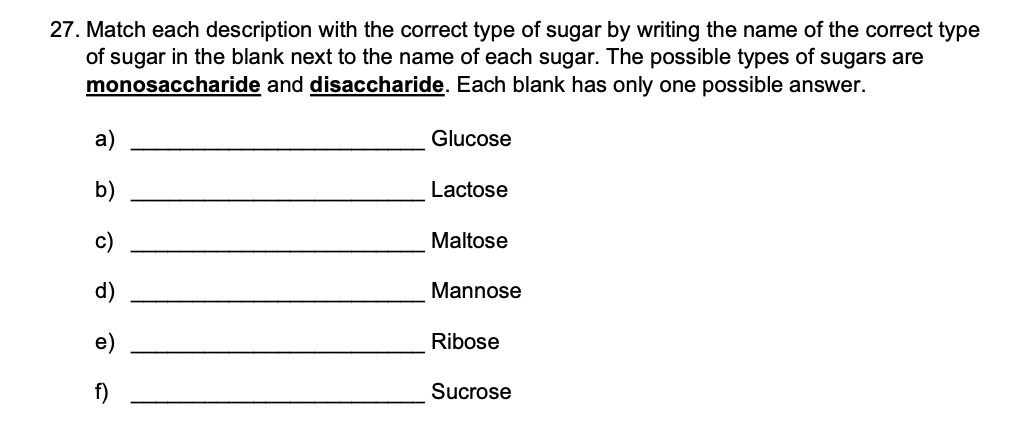 27 Match Each Description With The Correct Type Of Sugar By Writing The Name Of The Correct Type Of Sugar In The Blank 1