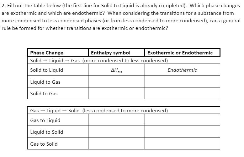 2 Fill Out The Table Below The First Line For Solid To Liquid Is Already Completed Which Phase Changes Are Exothermi 1