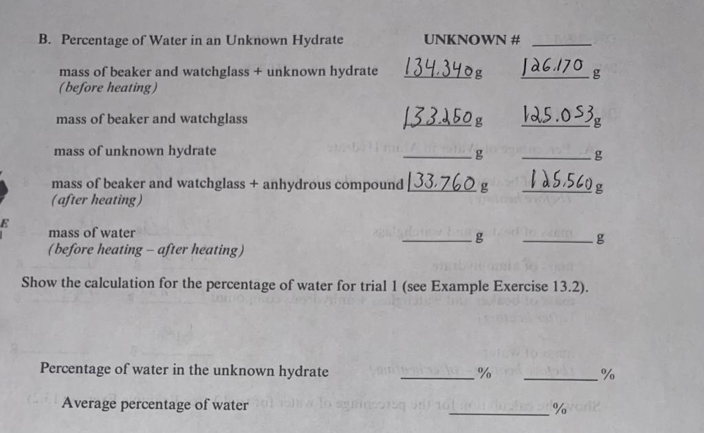 Show The Calculation For The Percentage Of Water For Trial 1 1
