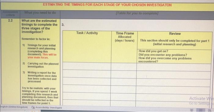 2 2 Estimating The Timings For Each Stage Of Your Chosen Investigaton Table For You To Complete What You Need To Do Wh 1