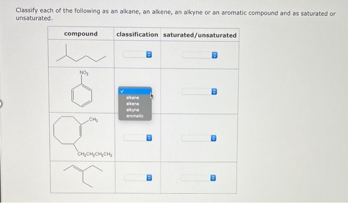 Classify Each Of The Following As An Alkane An Alkene An Alkyne Or An Aromatic Compound And As Saturated Or Unsaturate 1