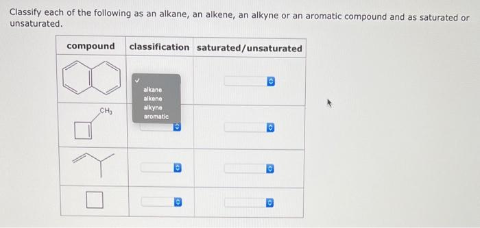 Classify Each Of The Following As An Alkane An Alkene An Alkyne Or An Aromatic Compound And As Saturated Or Unsaturate 1