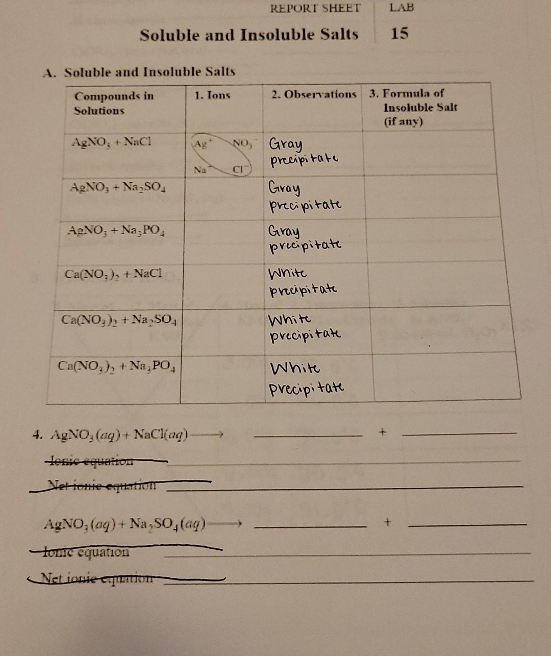 Report Sheet Soluble And Insoluble Salts A Soluble And Insoluble Salts 1 Ions Compounds In Solutions Agno Nacl Agno 1