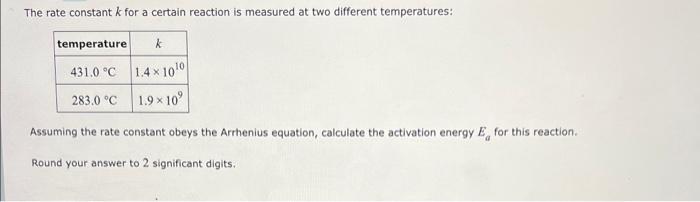 The Rate Constant K For A Certain Reaction Is Measured At Two Different Temperatures Temperature K 431 0 C 283 0 C 1 1