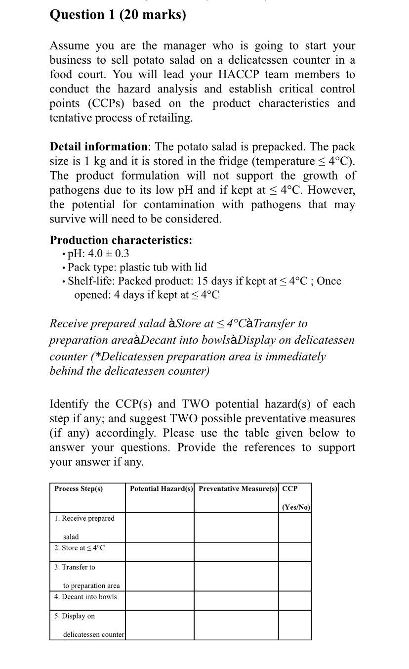 Question 1 20 Marks Assume You Are The Manager Who Is Going To Start Your Business To Sell Potato Salad On A Delicates 1
