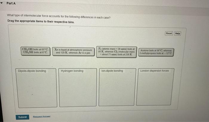 Part A What Type Of Intermolecular Force Accounts For The Following Differences In Each Case Drag The Appropriate Items 2