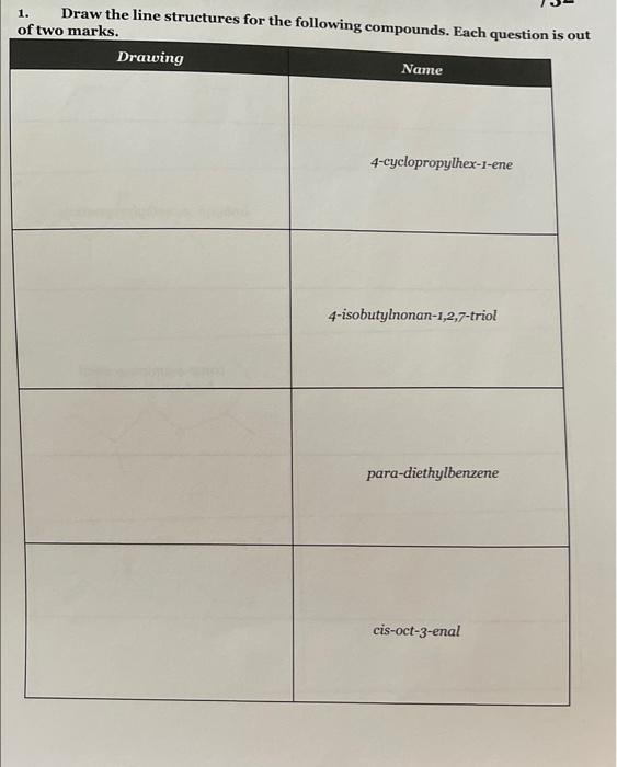1 Draw The Line Structures For The Following Compounds Each Question Is Out Of Two Marks Drawing Name 4 Cyclopropylhe 1