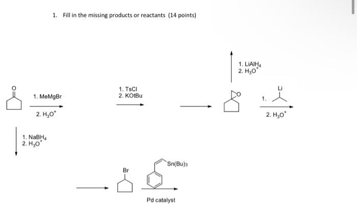 1 Fill In The Missing Products Or Reactants 14 Points 1 Memgbr 2 H O 1 Nabh4 2 H O 1 Tsci 2 Kotbu Br Sn Bu S P 1