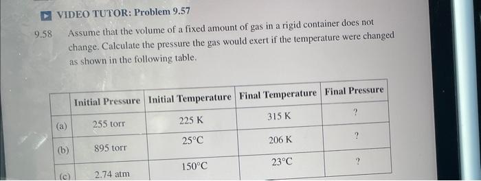 Video Tutor Problem 9 57 9 58 Assume That The Volume Of A Fixed Amount Of Gas In A Rigid Container Does Not Change Cal 1