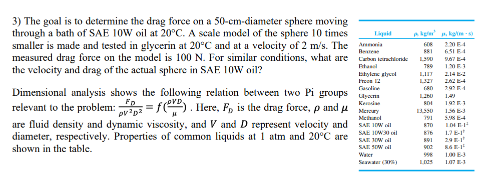 Liquid 3 The Goal Is To Determine The Drag Force On A 50 Cm Diameter Sphere Moving Through A Bath Of Sae 10w Oil At 20 1