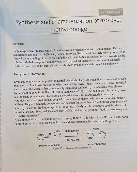 Experiment Synthesis And Characterization Of Azo Dye Methyl Orange Purpose In This Experiment Students Will Explore Dia 1