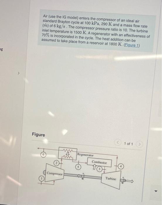 Air Use The Ig Model Enters The Compressor Of An Ideal Air Standard Brayton Cycle At 100 Kpa 290 K And A Mass Flow Ra 1