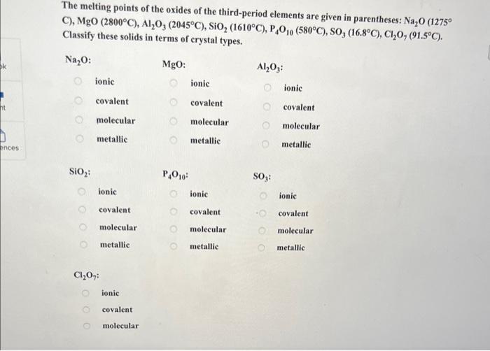 Ht Ences The Melting Points Of The Oxides Of The Third Period Elements Are Given In Parentheses Na O 1275 C Mgo 28 1