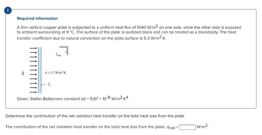 Required Information A Thin Vertical Copper Plate Is Subjected To A Uniform Heat Flux Of 1040 W M2 On One Side While Th 1