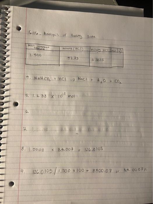 9 6 16 Analysis Of Baking Soda Mass Unknown Sample 1 500 Volume Hci G 72 73 5 1 2 88 X 10 Mol 4 Nahco Hcl Na 1