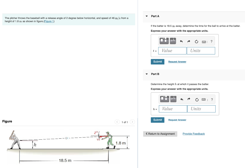 Part A The Pitcher Throws The Baseball With A Release Angle Of 2 Degree Below Horizontal And Speed Of 46 M S From A Hei 1