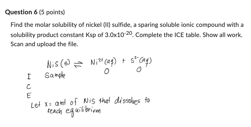 Question 6 5 Points Find The Molar Solubility Of Nickel Ii Sulfide A Sparing Soluble Ionic Compound With A Solubili 1