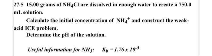 27 5 15 00 Grams Of Nh4cl Are Dissolved In Enough Water To Create A 750 0 Ml Solution Calculate The Initial Concentrati 1