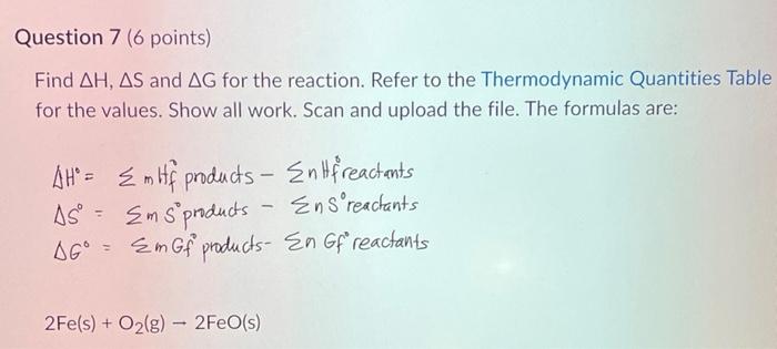 Question 7 6 Points Find Ah As And Ag For The Reaction Refer To The Thermodynamic Quantities Table For The Values S 1