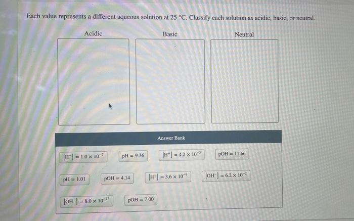 Each Value Represents A Different Aqueous Solution At 25 C Classify Each Solution As Acidic Basic Or Neutral Acidic 1
