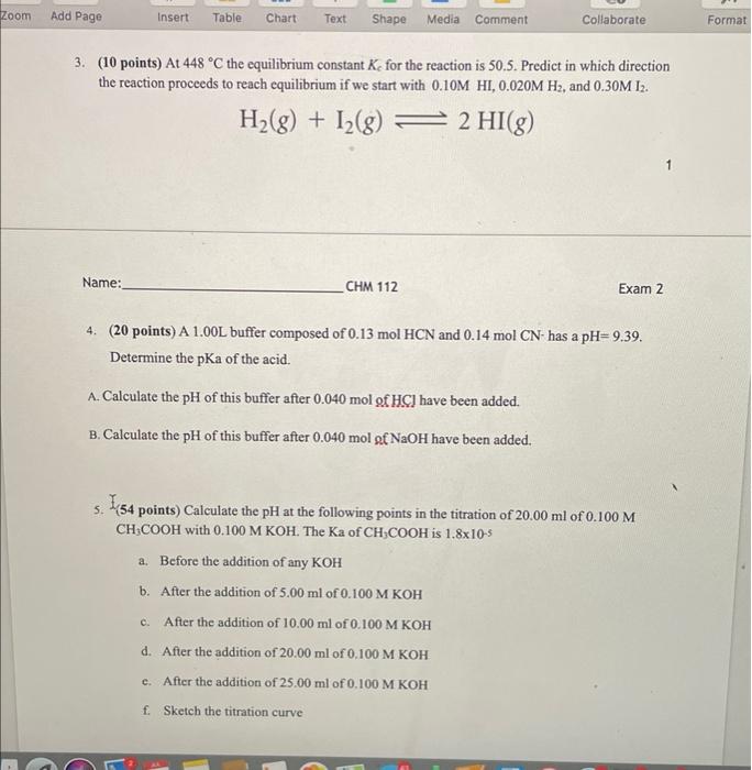 Zoom Add Page Insert Table Chart Name Text Shape Media Comment 3 10 Points At 448 C The Equilibrium Constant K For 1