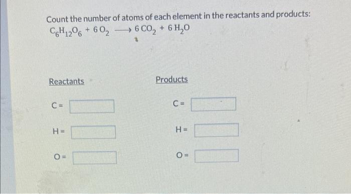Count The Number Of Atoms Of Each Element In The Reactants And Products C6h12o6 6026co 6h O Reactants C H Produc 1