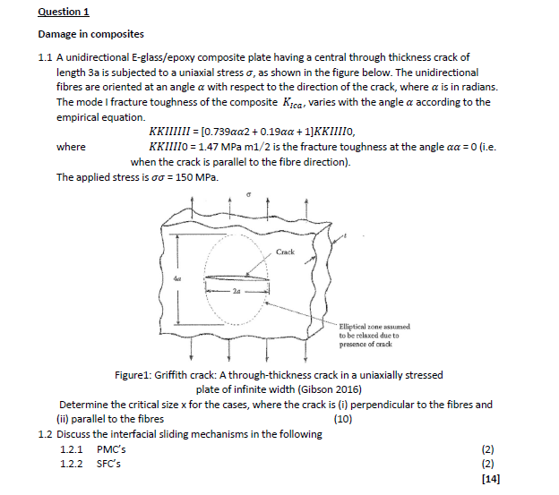 Question 1 Damage In Composites 1 1 A Unidirectional E Glass Epoxy Composite Plate Having A Central Through Thickness Cr 1