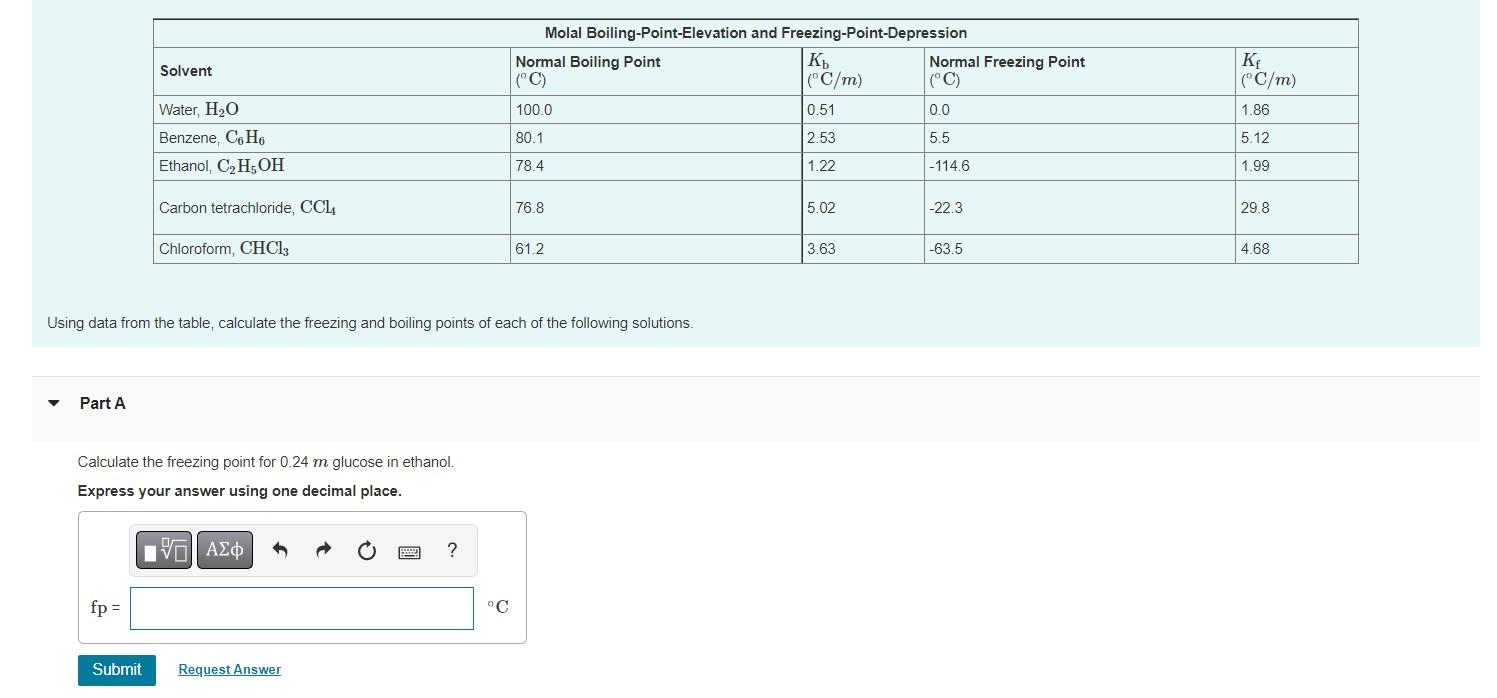 Part A Solvent Fp Water H O Benzene C6h6 Ethanol C H5oh Carbon Tetrachloride Ccl4 Chloroform Chc13 Calculate The 1