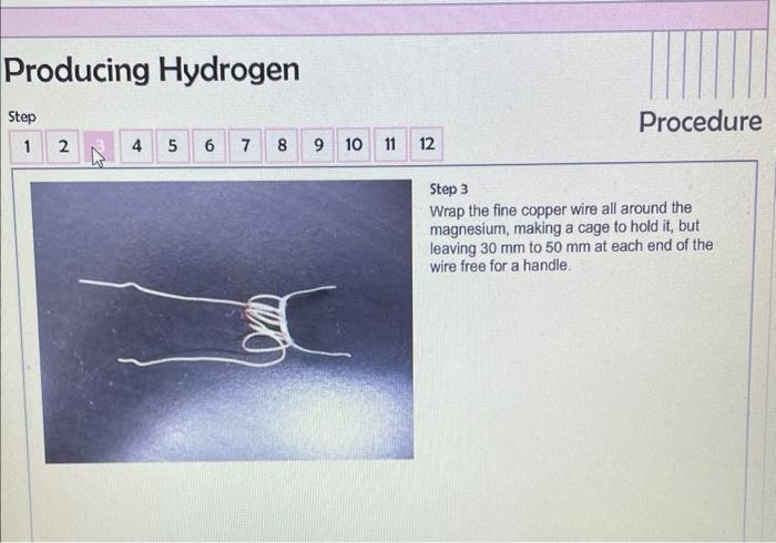 Producing Hydrogen Step 1 2 3 4 5 Dhaus 0 00 Off 6 2 7 8 Halis 9 10 0 09 Home Wamings Materials Procedure 11 12 Procedur 3