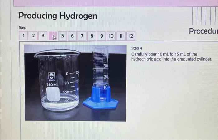 Producing Hydrogen Step 1 2 3 4 5 Dhaus 0 00 Off 6 2 7 8 Halis 9 10 0 09 Home Wamings Materials Procedure 11 12 Procedur 4