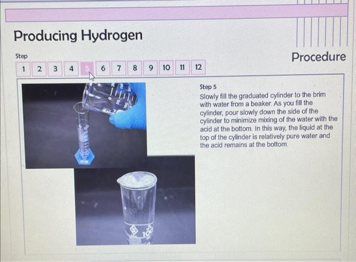Producing Hydrogen Step 1 2 3 4 5 Dhaus 0 00 Off 6 2 7 8 Halis 9 10 0 09 Home Wamings Materials Procedure 11 12 Procedur 5