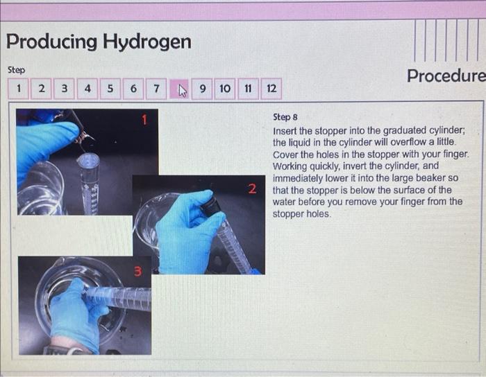 Producing Hydrogen Step 1 2 3 4 5 Dhaus 0 00 Off 6 2 7 8 Halis 9 10 0 09 Home Wamings Materials Procedure 11 12 Procedur 8