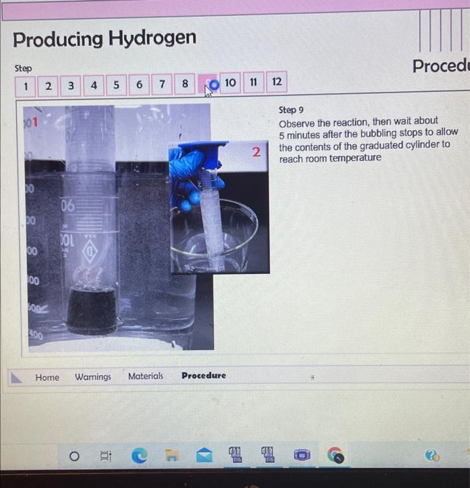 Producing Hydrogen Step 1 2 3 4 5 Dhaus 0 00 Off 6 2 7 8 Halis 9 10 0 09 Home Wamings Materials Procedure 11 12 Procedur 9