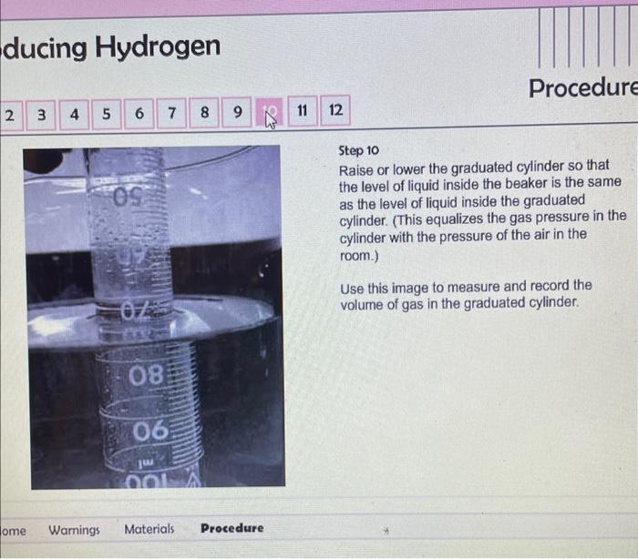 Producing Hydrogen Step 1 2 3 4 5 Dhaus 0 00 Off 6 2 7 8 Halis 9 10 0 09 Home Wamings Materials Procedure 11 12 Procedur 10