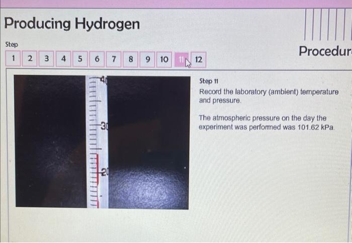 Producing Hydrogen Step 1 2 3 4 5 Dhaus 0 00 Off 6 2 7 8 Halis 9 10 0 09 Home Wamings Materials Procedure 11 12 Procedur 11