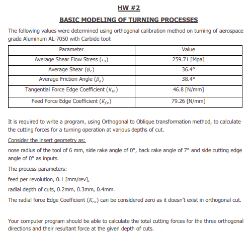 Hw 2 Basic Modeling Of Turning Processes The Following Values Were Determined Using Orthogonal Calibration Method On Tu 1