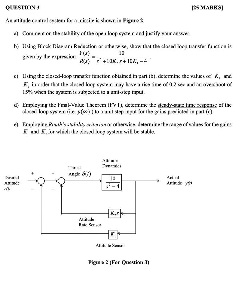 Question 3 25 Marks An Attitude Control System For A Missile Is Shown In Figure 2 A Comment On The Stability Of The 1