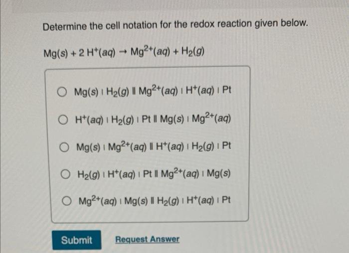 Determine The Cell Notation For The Redox Reaction Given Below Mg S 2 H Aq Mg Aq H G O Mg S H G Il 1