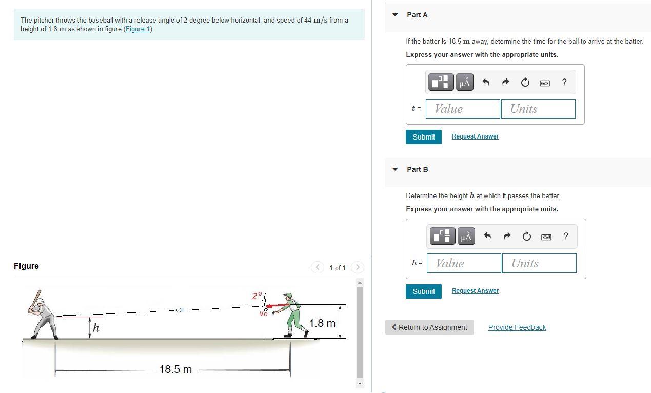 Part A The Pitcher Throws The Baseball With A Release Angle Of 2 Degree Below Horizontal And Speed Of 44 M S From A Hei 1