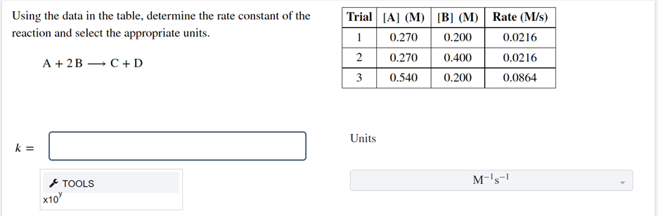 Using The Data In The Table Determine The Rate Constant Of The Reaction And Select The Appropriate Units K A 2b C 1