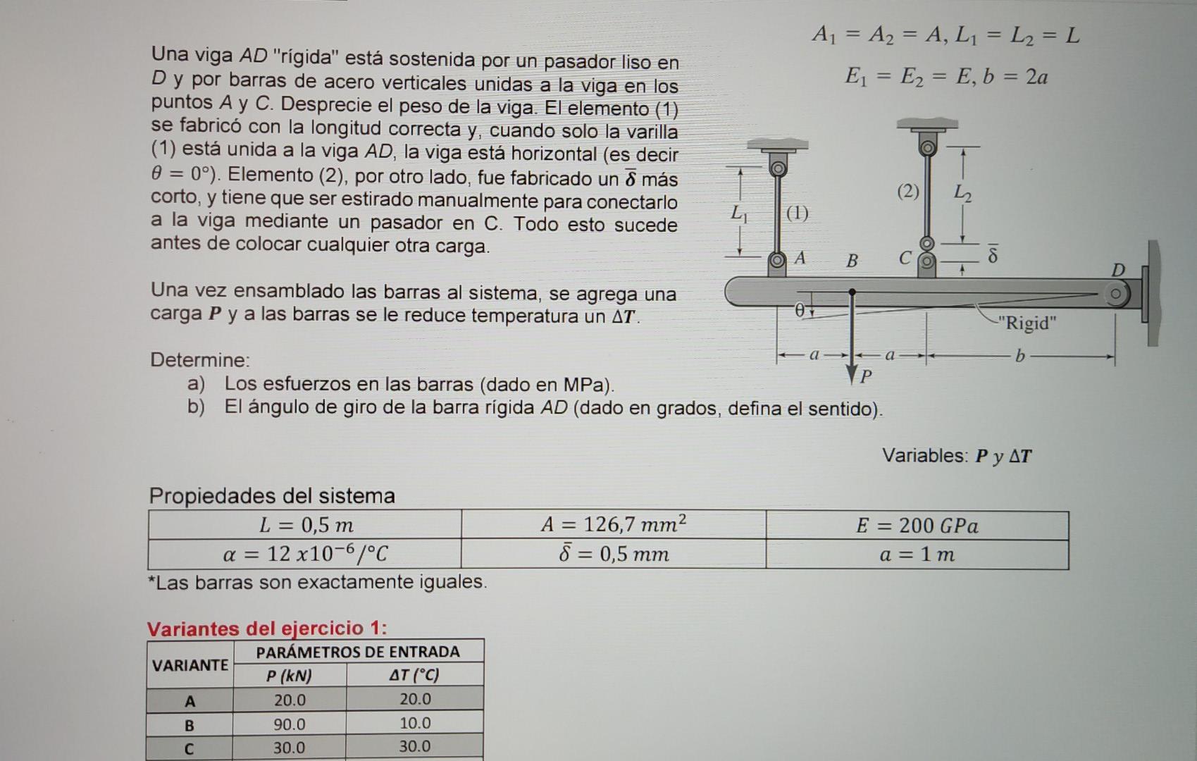 A1 A2 A L1 L2 L Ei E2 E B 2a Una Viga Ad Rigida Esta Sostenida Por Un Pasador Liso En Dy Por Barras De 1