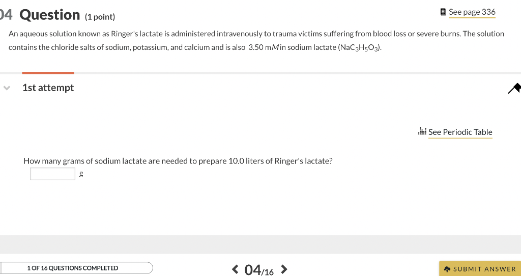 E See Page 336 04 Question 1 Point An Aqueous Solution Known As Ringer S Lactate Is Administered Intravenously To Trau 1