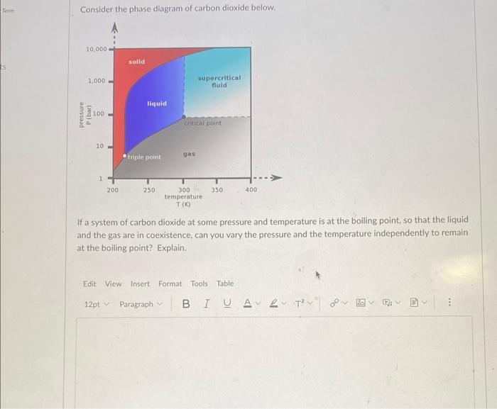 Term Es Consider The Phase Diagram Of Carbon Dioxide Below 10 000 1 000 Pressure P Bar 100 10 1 200 Solid 12pt Liqui 1