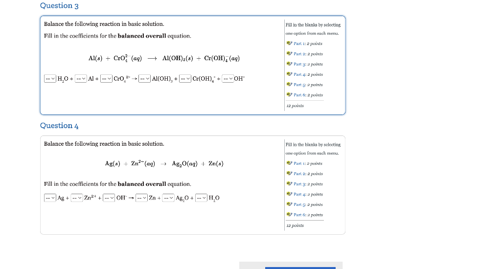 Question 3 Balance The Following Reaction In Basic Solution Fill In The Coefficients For The Balanced Overall Equation 1
